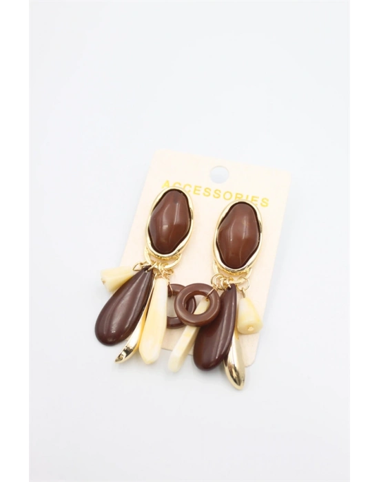 Taşlı Sallantılı Küpe - Kahverengi