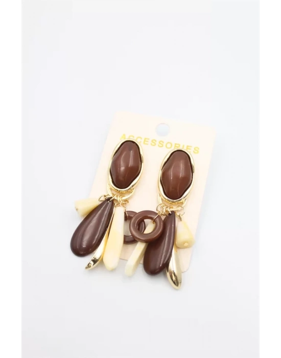 Taşlı Sallantılı Küpe - Kahverengi