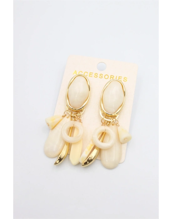 Taşlı Sallantılı Küpe - Krem