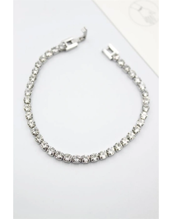 Taşlı Su Yolu Çelik Bileklik - Gümüş