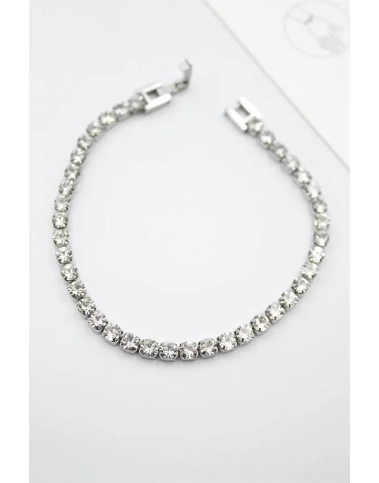 Taşlı Su Yolu Çelik Bileklik - Gümüş