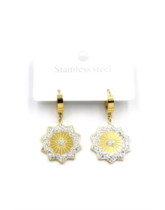 Taşlı Yıldız Çelik Halka Küpe - Altın