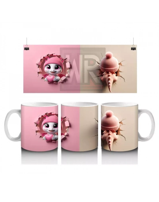 Tatlı Gülümsemeli Sevimli Pembe Dinozor Yavrusu (Çift Açı) - Baskılı kahve kupası