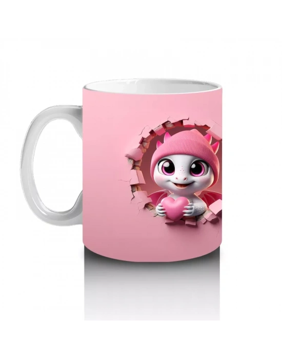 Tatlı Gülümsemeli Sevimli Pembe Dinozor Yavrusu (Çift Açı) - Baskılı kahve kupası