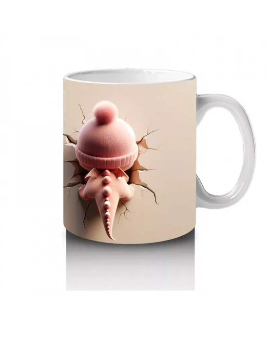 Tatlı Gülümsemeli Sevimli Pembe Dinozor Yavrusu (Çift Açı) - Baskılı kahve kupası
