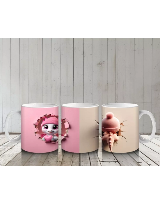 Tatlı Gülümsemeli Sevimli Pembe Dinozor Yavrusu (Çift Açı) - Baskılı kahve kupası