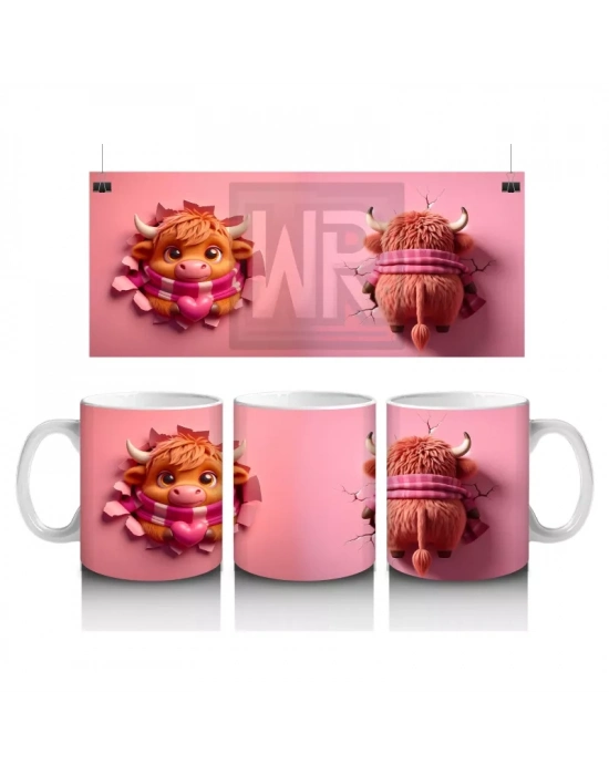 Tatlı Öküz Çiftiyle Pembe Temalı Tasarım - Baskılı Kahve Kupası