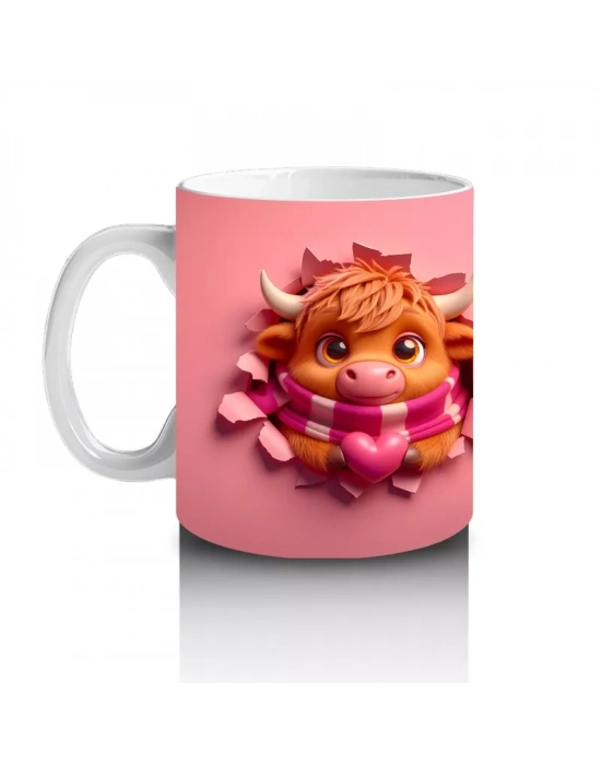 Tatlı Öküz Çiftiyle Pembe Temalı Tasarım - Baskılı Kahve Kupası