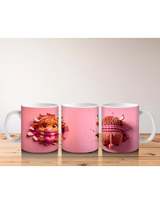 Tatlı Öküz Çiftiyle Pembe Temalı Tasarım - Baskılı Kahve Kupası