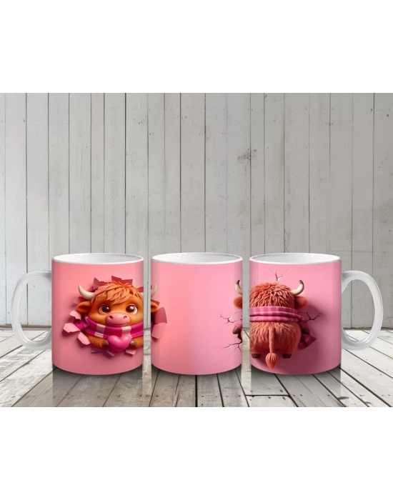 Tatlı Öküz Çiftiyle Pembe Temalı Tasarım - Baskılı Kahve Kupası