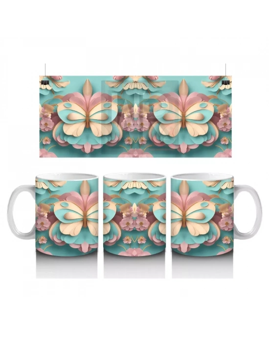 Tatlı Tonlarda Simetrik Kelebek Deseni – Baskılı Kahve Kupası