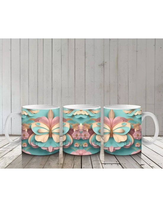 Tatlı Tonlarda Simetrik Kelebek Deseni – Baskılı Kahve Kupası