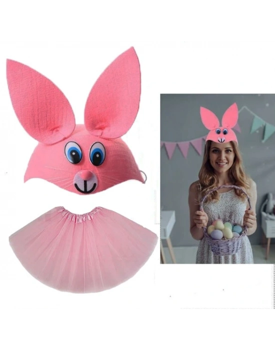 Tavşan Kostümü Pembe - 23 Nisan Tavşan Şapka Ve Tütü Etek Seti 2 Parça