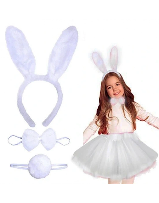 Tavşan Tacı Eteği Papyonu Ve Kuyruk Kostüm Seti Beyaz Renk Çocuk Boy