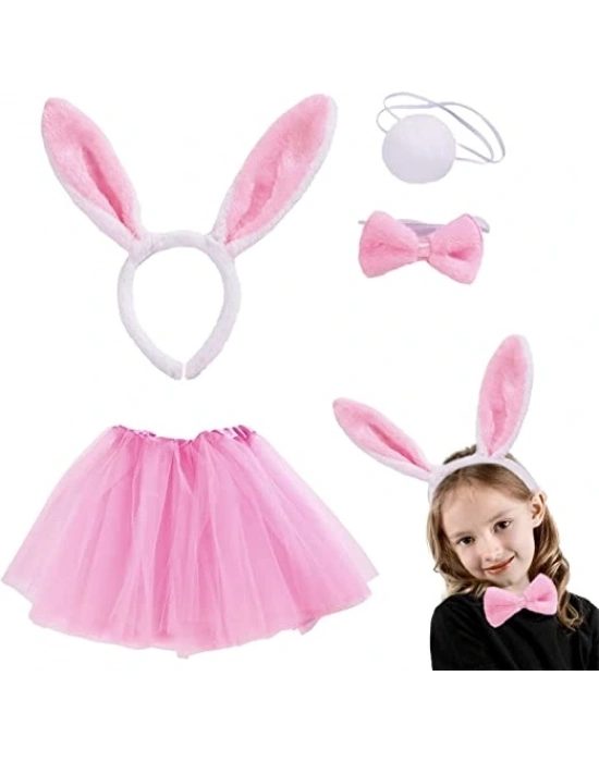 Tavşan Tacı Eteği Papyonu Ve Kuyruk Kostüm  Seti Pembe Renk Çocuk Boy