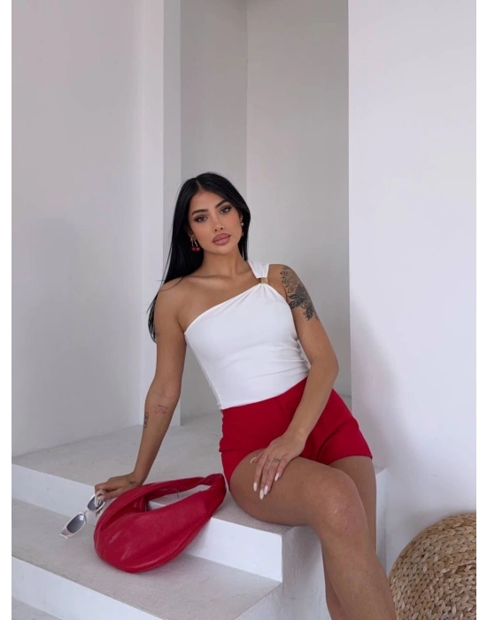 Tek omuzlu Otoman kumaş gold metal detaylı bluz s2311