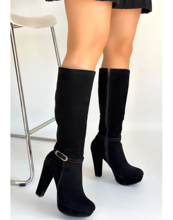 Tekja Siyah Süet Topuklu Çizme