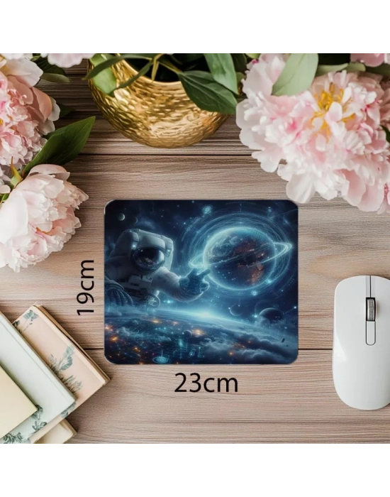 Teknolojik Evren ve Astronot Mouse Pad - 19x23 cm 2 mm Dikdörtgen İthal Baskılı Mouse Pad