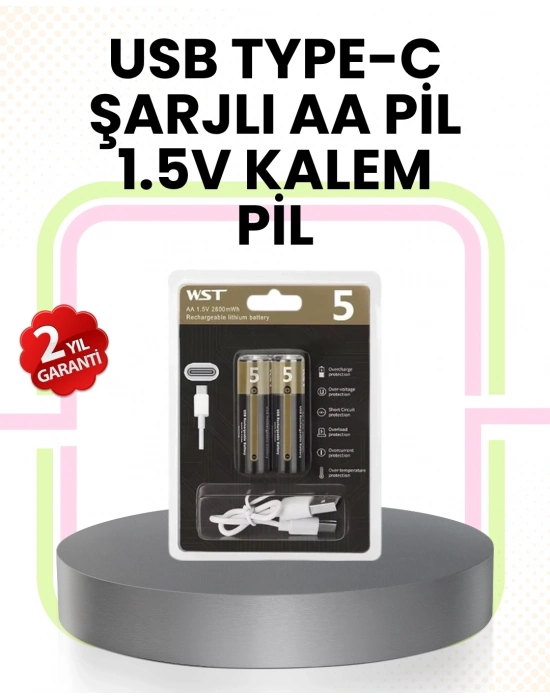 Tekrar Şarj Edilebilir AA USB Type-C Pil | 1000+ Döngü | 1.5V Sabit Voltaj