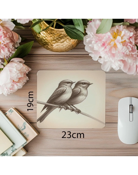 Tel Üzerinde Kuşlar – Minimal Mouse Pad - 19x23 cm 2 mm Dikdörtgen İthal Baskılı Mouse Pad