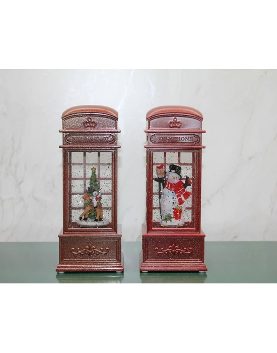 Telefon Kulübesi Tasarımlı Yılbaşı Temalı Işıklı Müzikli Kar Küresi Model 2