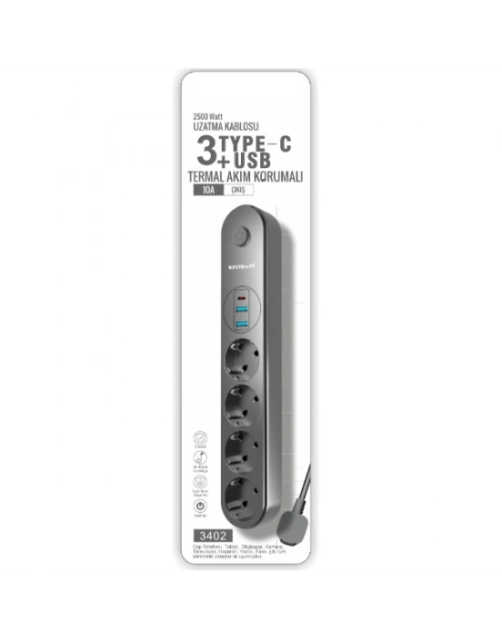 Termal Akım Korumalı 4 Prizli USB Girişli Uzatma Kablosu