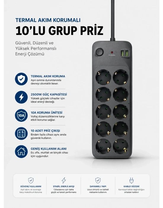 Termal Akım Korumalı USB Type-C Girişli 10lu Grup Priz 2500W Güç Kapasitesi