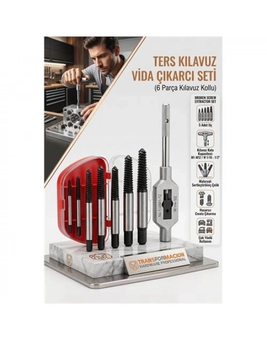Ters Kılavuz Seti (6 Parça) Kırık ve Yalama Vida Çıkarıcı Kolu 723239