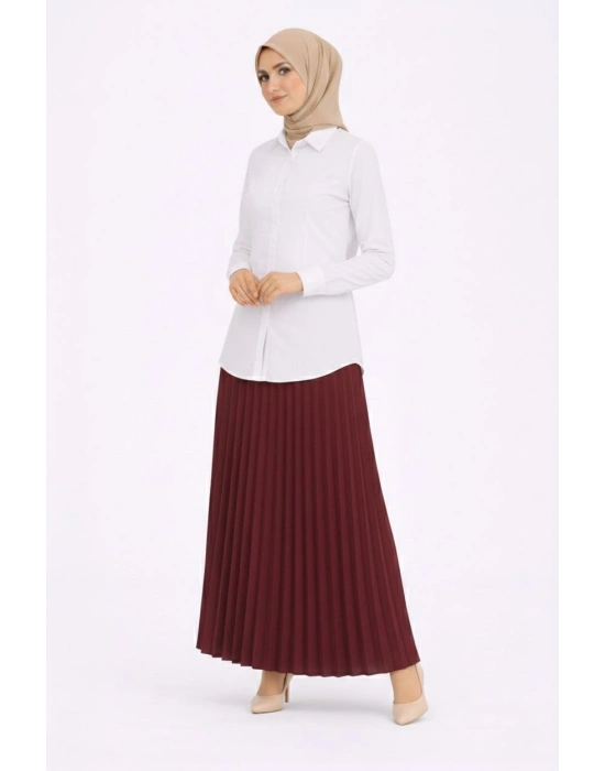 Tesettür Beyaz Gömlekli Pliseli Etek İkili Takım Gündelik ve Ofis Şıklığı - Bordo