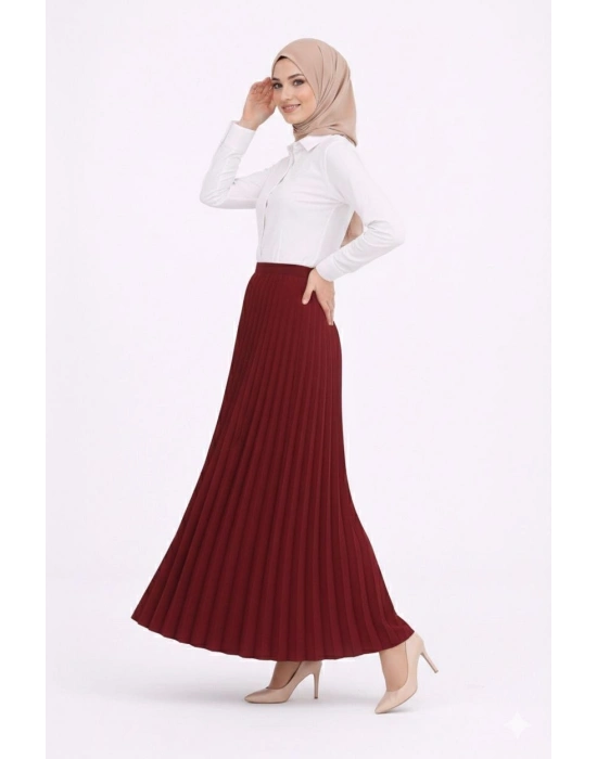 Tesettür Beyaz Gömlekli Pliseli Etek İkili Takım Gündelik ve Ofis Şıklığı - Bordo