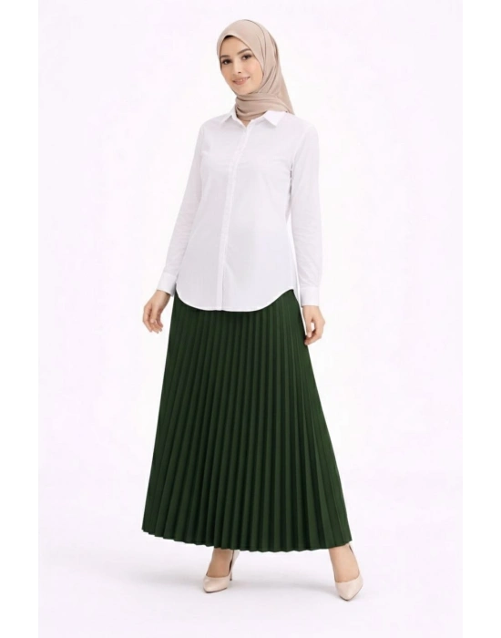 Tesettür Beyaz Gömlekli Pliseli Etek İkili Takım Gündelik ve Ofis Şıklığı - Çağla Yeşili