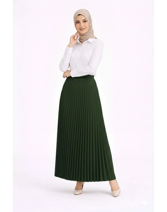 Tesettür Beyaz Gömlekli Pliseli Etek İkili Takım Gündelik ve Ofis Şıklığı - Çağla Yeşili