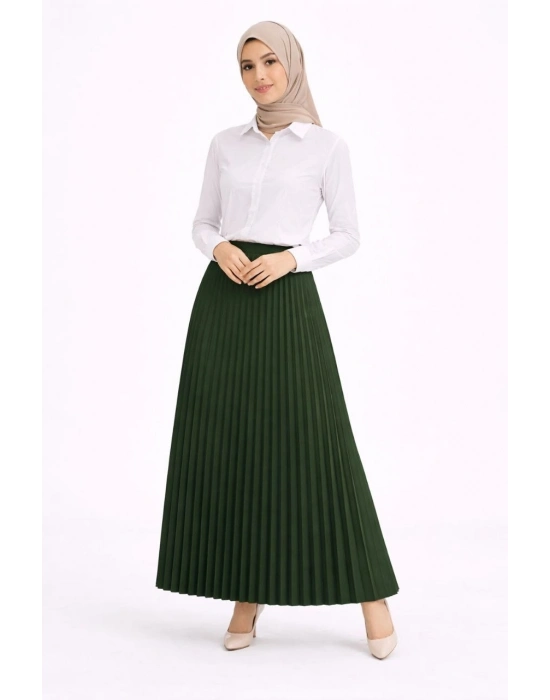 Tesettür Beyaz Gömlekli Pliseli Etek İkili Takım Gündelik ve Ofis Şıklığı - Çağla Yeşili