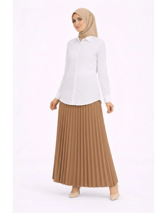 Tesettür Beyaz Gömlekli Pliseli Etek İkili Takım Gündelik ve Ofis Şıklığı - Kahverengi
