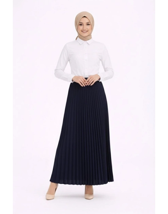 Tesettür Beyaz Gömlekli Pliseli Etek İkili Takım Gündelik ve Ofis Şıklığı - Lacivert