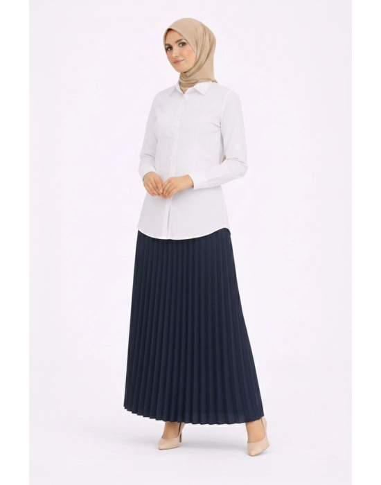 Tesettür Beyaz Gömlekli Pliseli Etek İkili Takım Gündelik ve Ofis Şıklığı - Lacivert