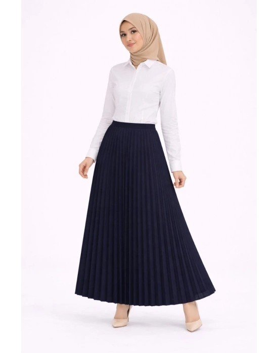 Tesettür Beyaz Gömlekli Pliseli Etek İkili Takım Gündelik ve Ofis Şıklığı - Lacivert