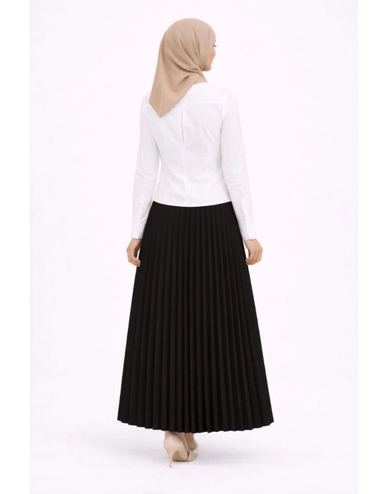 Tesettür Beyaz Gömlekli Pliseli Etek İkili Takım Gündelik ve Ofis Şıklığı - Siyah