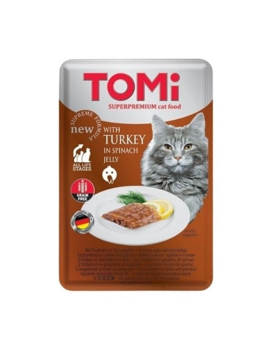 Tomi Hindili ve Ispanaklı Pouch Yetişkin Konserve Kedi Maması 100 Gr
