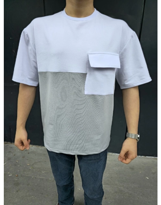 Torba Cep Detaylı Parçalı T-Shirt - Gri -