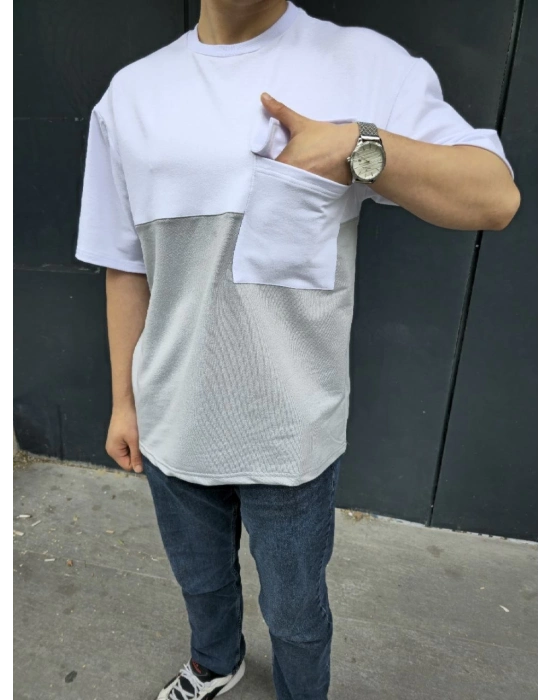 Torba Cep Detaylı Parçalı T-Shirt - Gri -