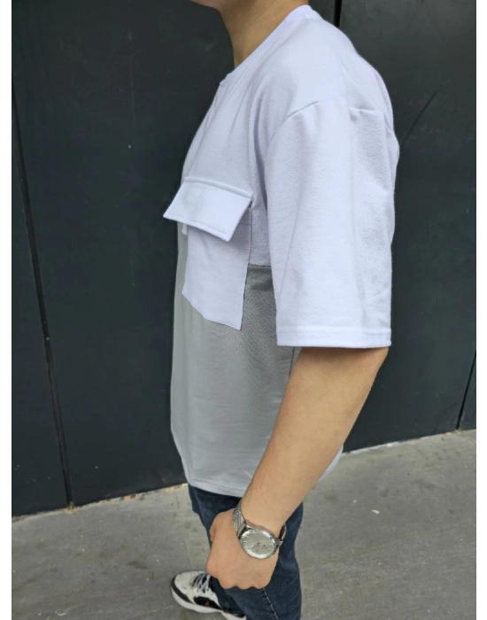 Torba Cep Detaylı Parçalı T-Shirt - Gri -