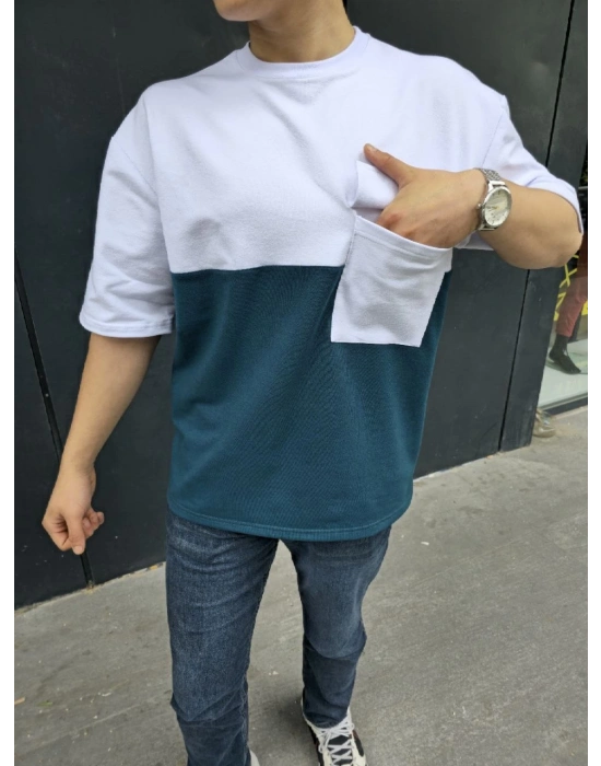 Torba Cep Detaylı Parçalı T-Shirt - Lacivert -