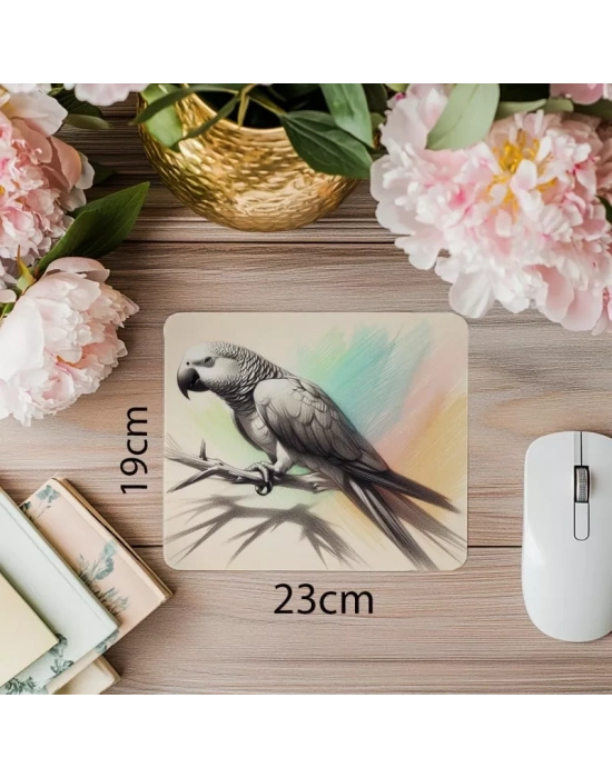 Tropikal Dokunuşlu El Çizimi Papağan Tasarımı - 19x23 cm 2 mm Dikdörtgen İthal Baskılı Mouse Pad
