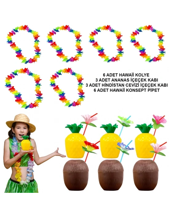 Tropikal Hawaii Parti Malzemeleri – Kolye, Pipet, Bardak Seti