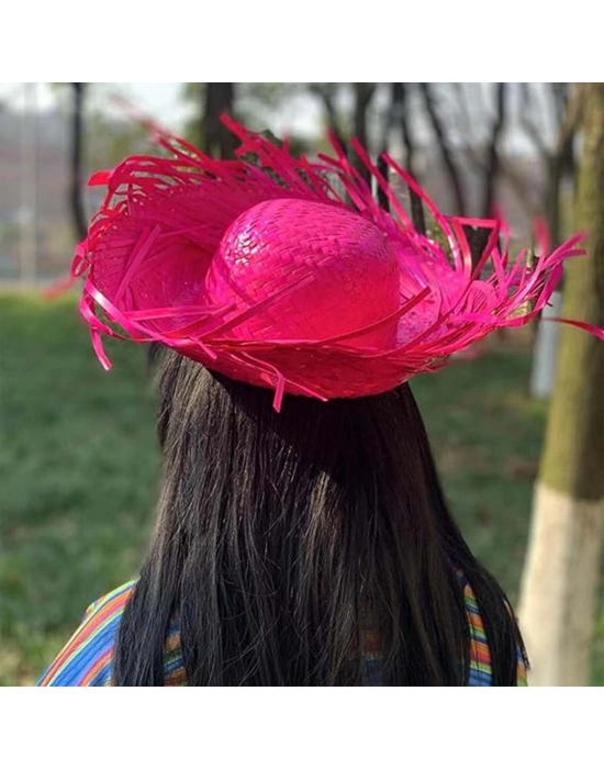 Tropikal Parti Fuşya Hasır Hawaii Şapkası