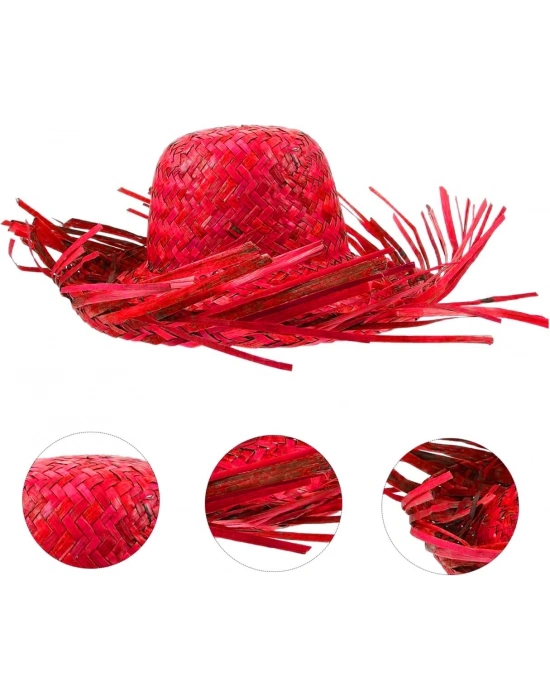 Tropikal Parti Kırmızı Hasır Hawaii Şapkası 13x36 Cm