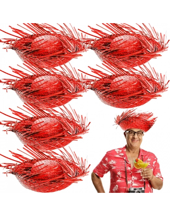 Tropikal Parti Kırmızı Hasır Hawaii Şapkası 13x36 Cm