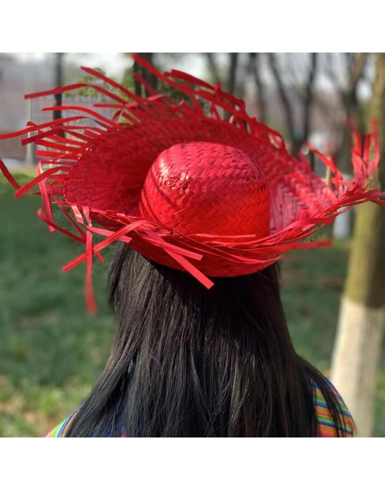 Tropikal Parti Kırmızı Hasır Hawaii Şapkası 13x36 Cm