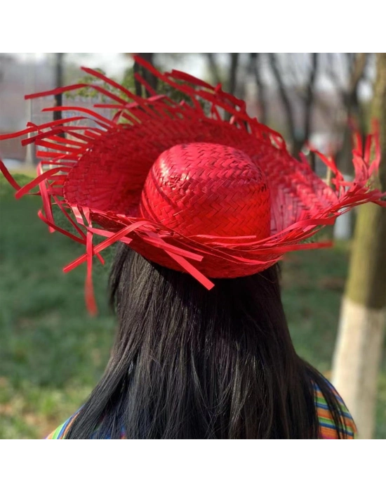 Tropikal Parti Kırmızı Hasır Hawaii Şapkası